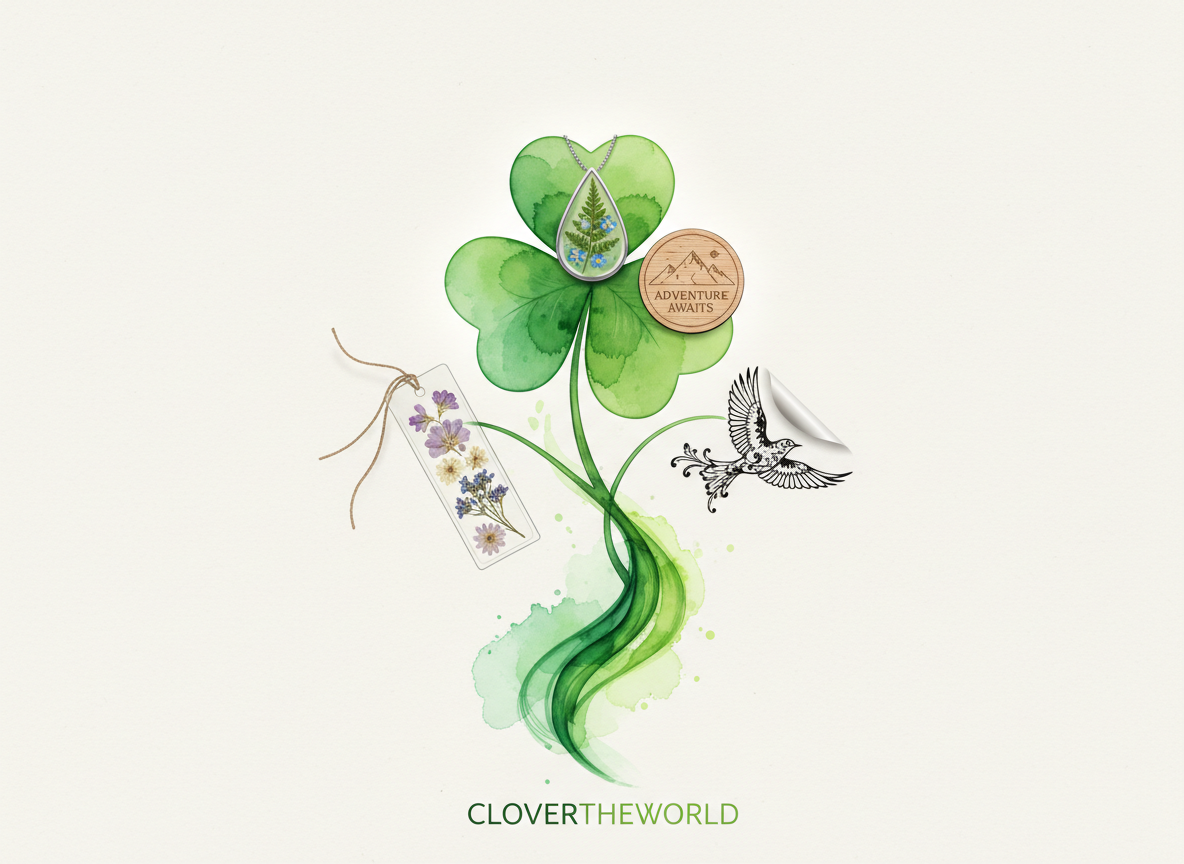 A conceptual brand hero image for CloverTheWorld: a stylized clover plant whose leaves transform into different products along each stem—one leaf becomes a pressed flower bookmark, another morphs into a resin pendant encasing tiny botanicals, a third into a laser-engraved wooden tag, and a fourth into a graceful vinyl decal silhouette. The clover grows from a subtle, abstract base of watercolor-like greens on a softly textured off-white background. Gentle, diffused studio light creates a luminous, almost ethereal glow, with soft shadowing under each transformed leaf-product. The mood is imaginative, refined, and nature-forward. Centered composition with generous negative space, rendered in clean, sophisticated digital art that blends delicate line-work with smooth shading, ideal for a website hero banner.